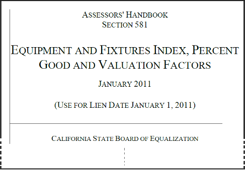 Image of the cover of Assessors' Handbook Section 581 (AH 581), Equipment and Fixtures Index, Percent Good and Valuation Factors for lien date January 1, 2011; published by the California State Board of Equalization.