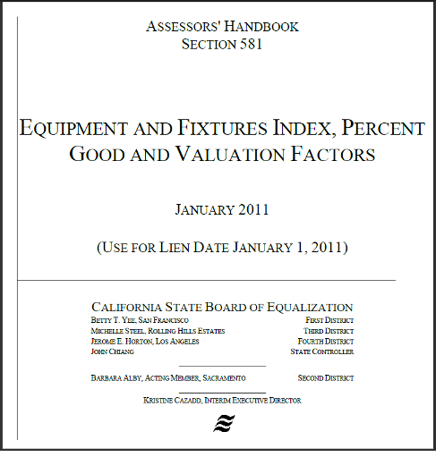 Image of the cover of Assessors' Handbook Section 581 (AH 581), Equipment and Fixtures Index, Percent Good and Valuation Factors for lien date January 1, 2011; published by the California State Board of Equalization