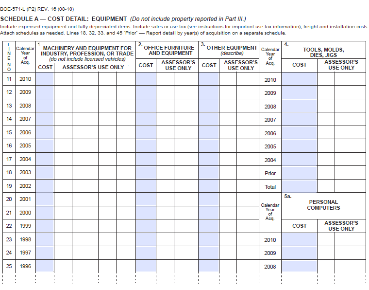 Image of Business Property Statement, Schedule A: Cost Detail, for lien date January 1, 2011; published by the California State Board of Equalization for use by county assessors. This schedule is arranged so that various business equipment costs can be aggregated into five different categories (columns) by acquisition year (rows) for reporting to the local county assessor