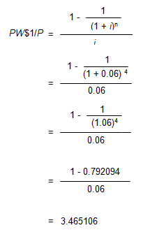 an equation showing that the present worth of one dollar per period factor is equal to 1 minus the quantity 1 over the quantity 1 plus i raised to the power n, all over i. The value for i is 0.06 (six percent, the annual periodic rate), the value for n is 4 (four years) and the final result is 3.465106.