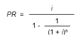 an equation showing that the periodic repayment factor is equal to i over one minus the quantity one over the quantity one plus i to the power n.